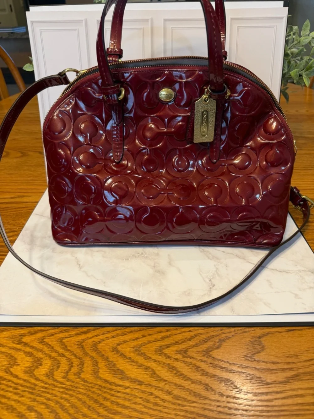 Coach Red Patent Leather Embossed Signature Dome Satchel & Matching Wallet Set